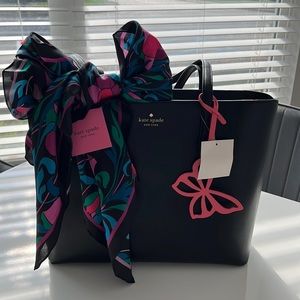 Kate Spade Black Tote Purse With Matching Printed Purse Scarf And ButterflyCharm